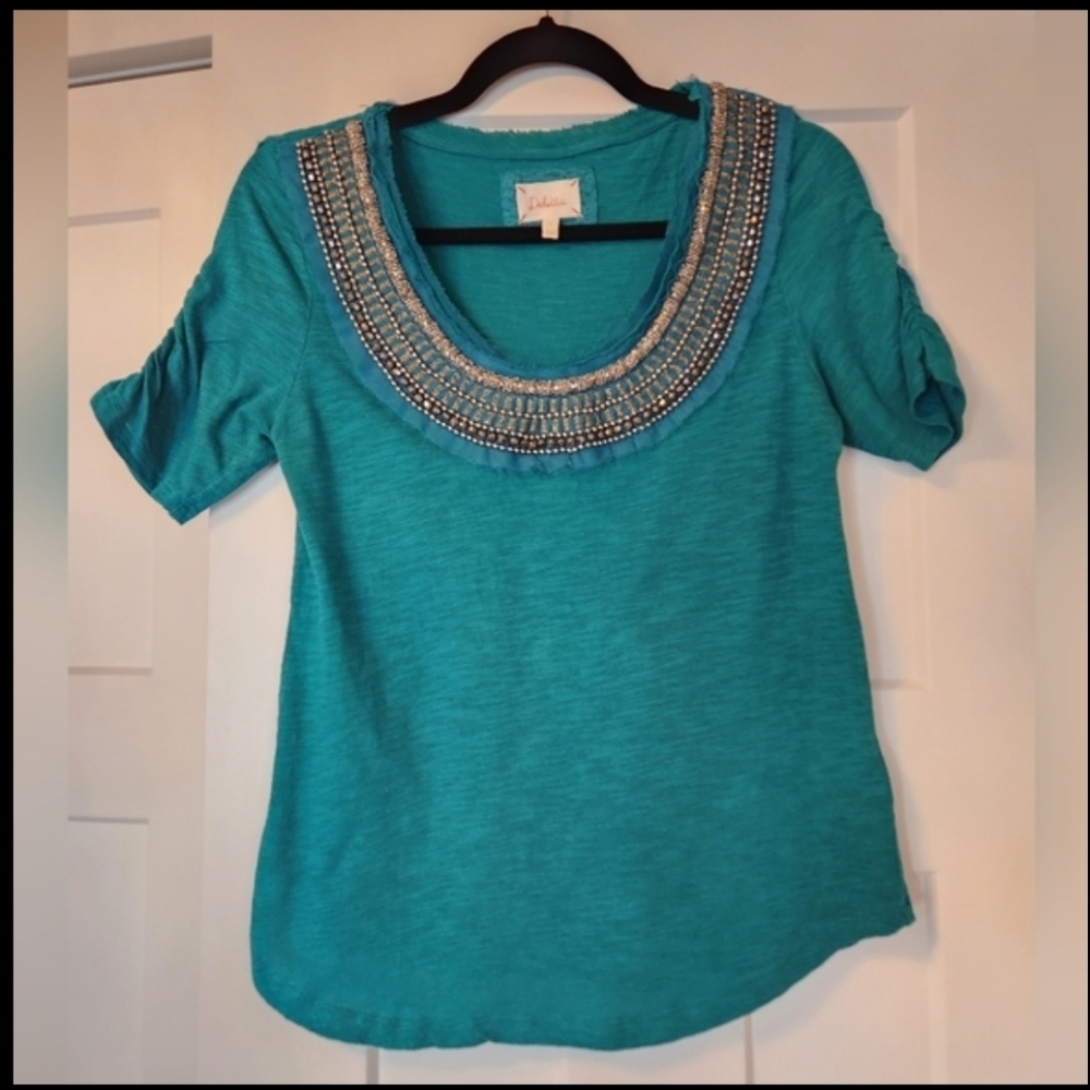 Anthropologie Delleta Green Beaded Top sz S Shirt Blouse teal boho maximalist